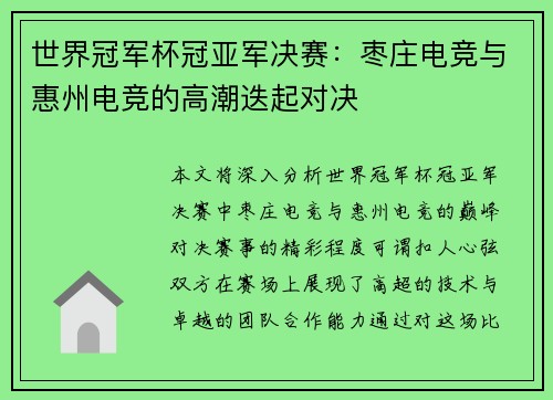世界冠军杯冠亚军决赛：枣庄电竞与惠州电竞的高潮迭起对决